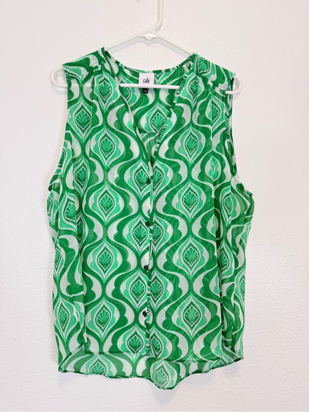 CAbi Green & White Print Scroll Blouse Button Up Sheer Sleeveless #6321 XL